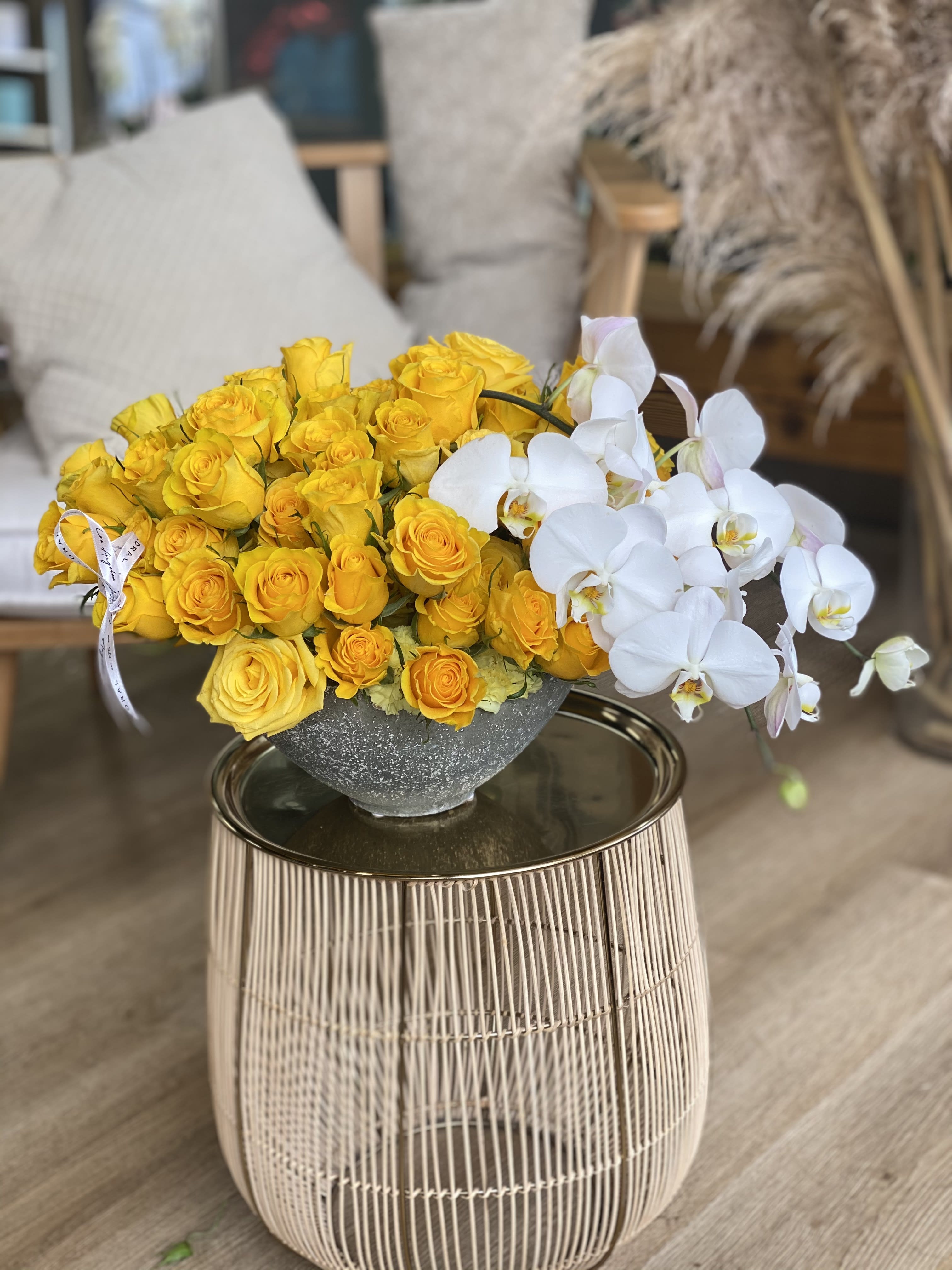 Flowers Natural 2024 Yellow Rose and White Orchid in a Cube Glass Vase